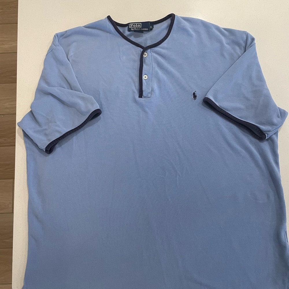 Vintage -Ralph Lauren Light Blue Henley Polo Shirt for Men with navy piping.